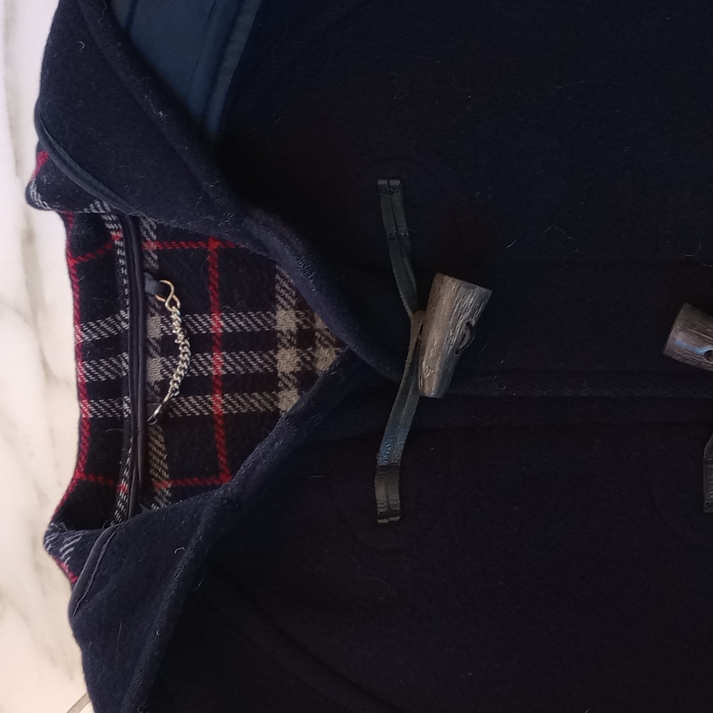 Burberry Blue Label Duffle Coat Nova Check Navy Gray Red 100% Melton Wool Small - Picture 3 of 10